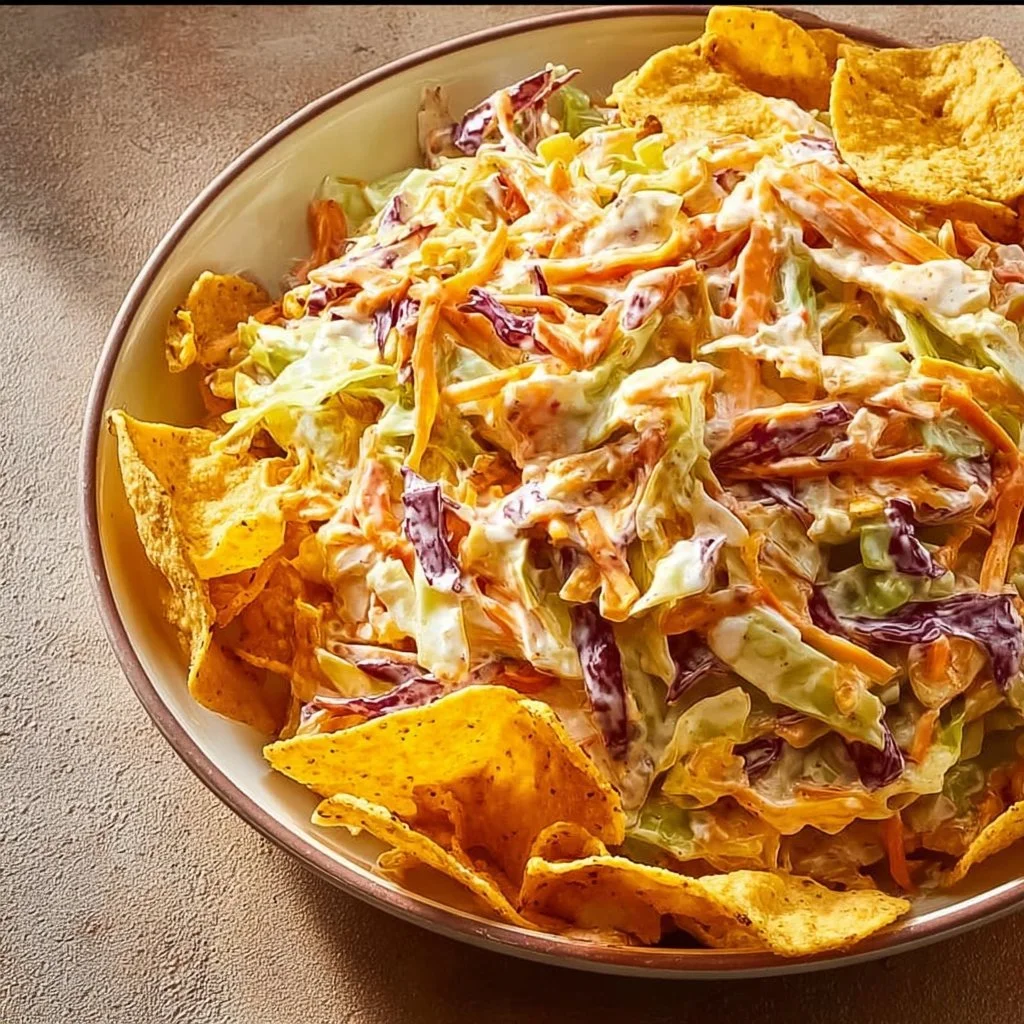 Delicious Frito Cowboy Cabbage dish topped with crunchy Fritos and fresh ingredients.