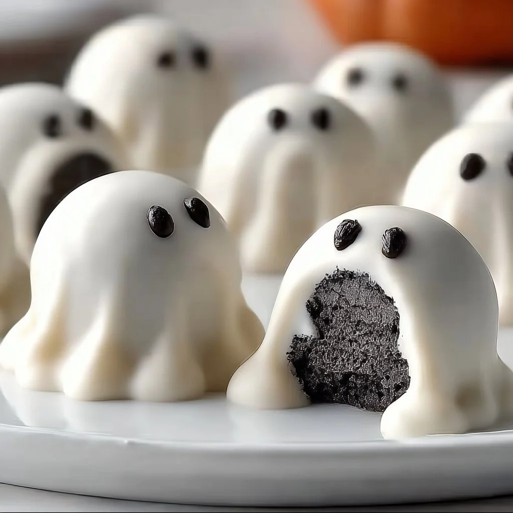 Ghost OREO ball truffles decorated for Halloween
