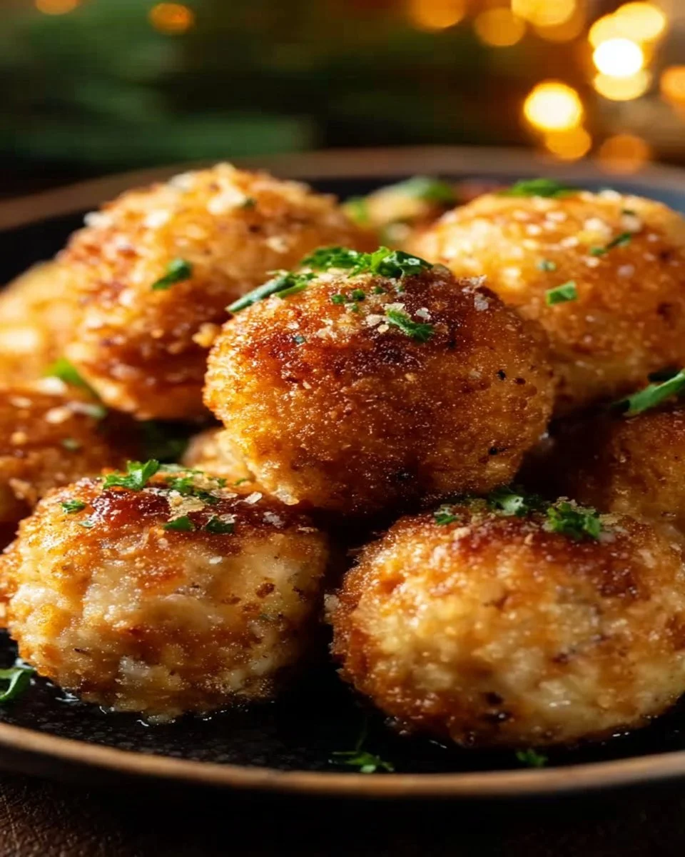Crispy and flavorful Holiday Turkey Stuffing Balls served on a festive plate