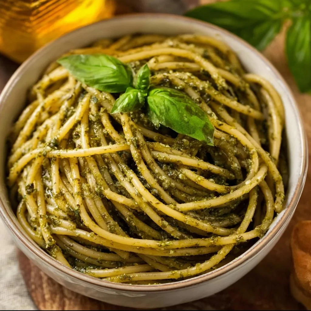 Bowl of fresh homemade pesto sauce with basil and pine nuts