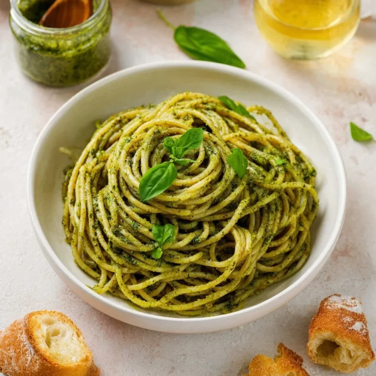 Bowl of homemade pesto sauce made with fresh basil and garlic