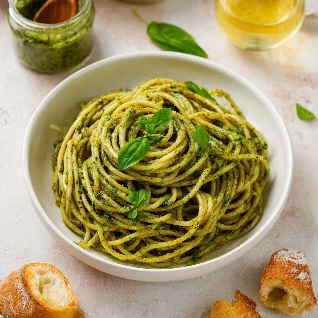 Bowl of homemade pesto sauce made with fresh basil and garlic