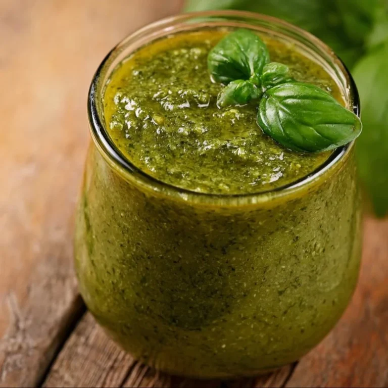 Bowl of homemade pesto sauce made with fresh basil and pine nuts