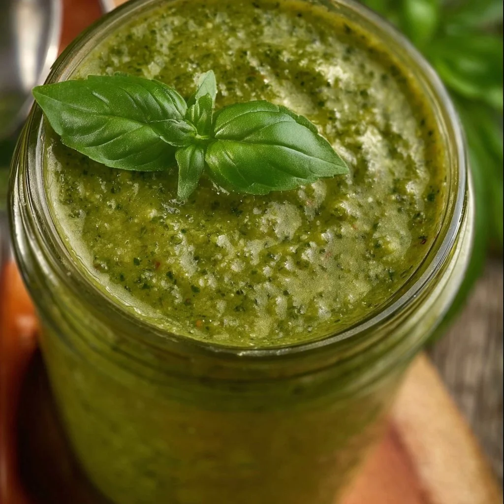 Bowl of homemade pesto sauce made with basil, garlic, and pine nuts.