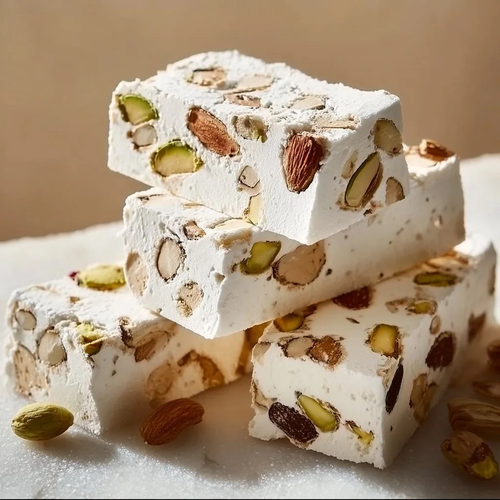 Homemade Italian nougat with nuts on a wooden background