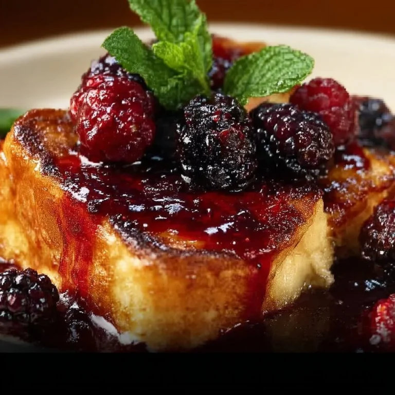 Delicious brioche French toast casserole topped with fresh blackberries