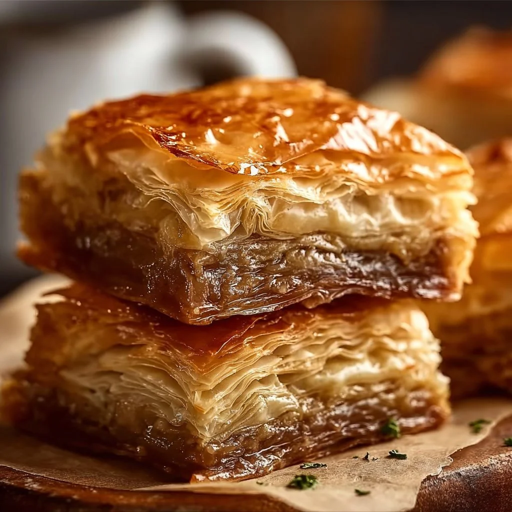 Savory French Dip Squares served on a wooden platter with au jus.