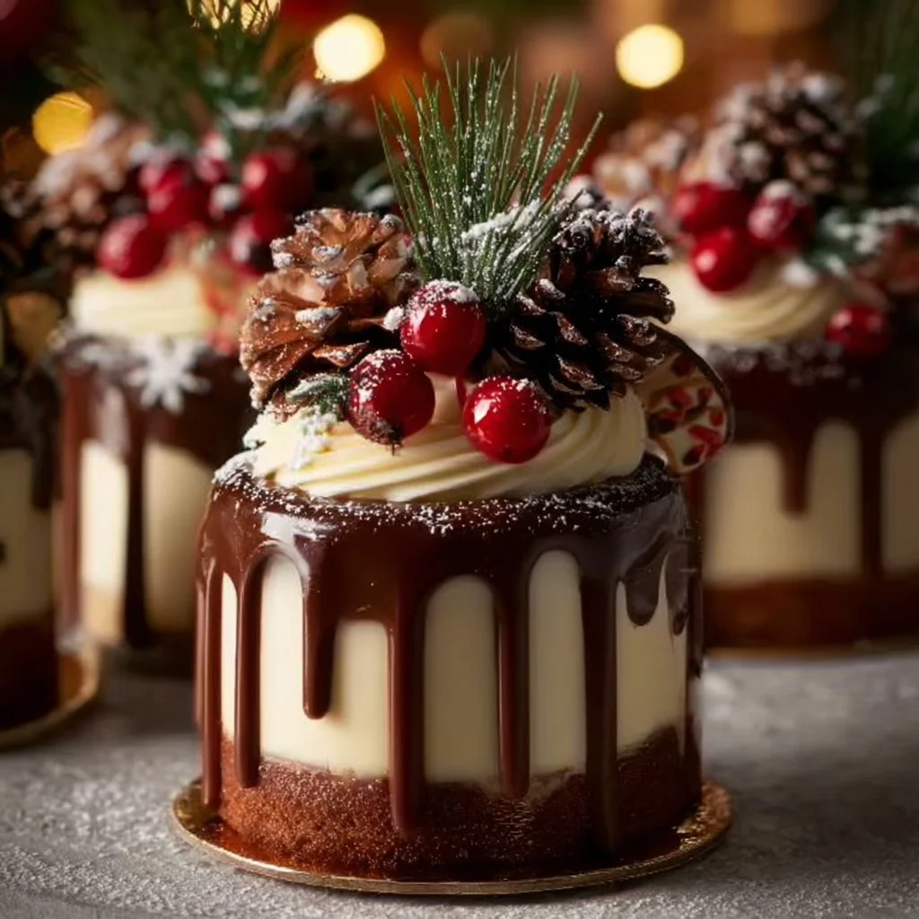 Irresistible mini Christmas drip cakes decorated with festive toppings