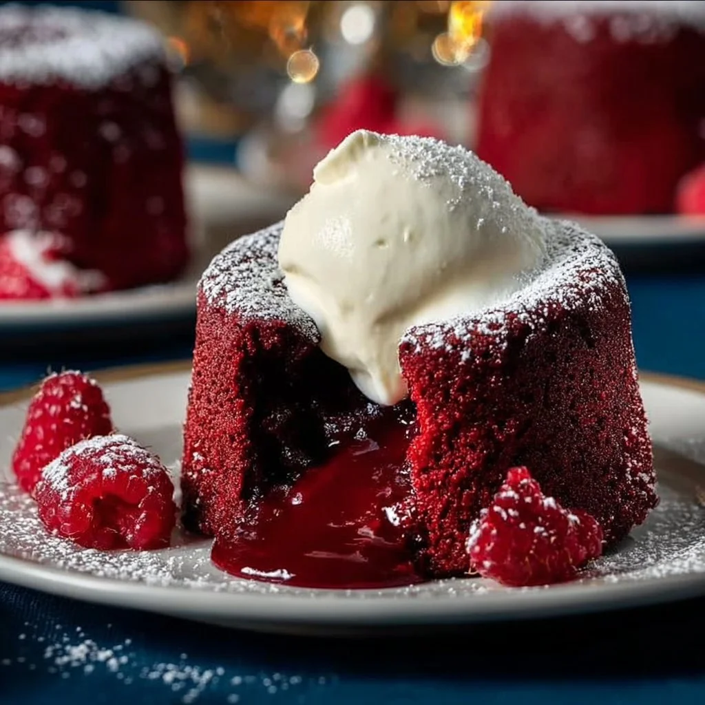 Delicious molten red velvet cakes with creamy topping served on a white plate