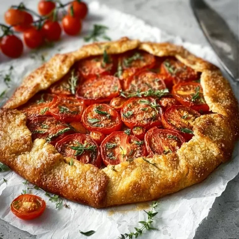 Delicious homemade tomato galette with fresh ingredients on a rustic table.