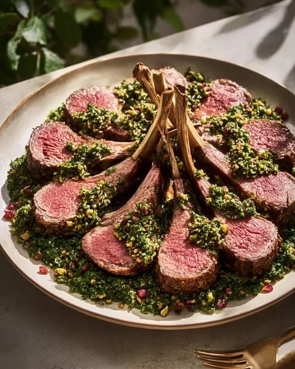 Lamb dish topped with mint and pistachio gremolata, beautifully garnished.