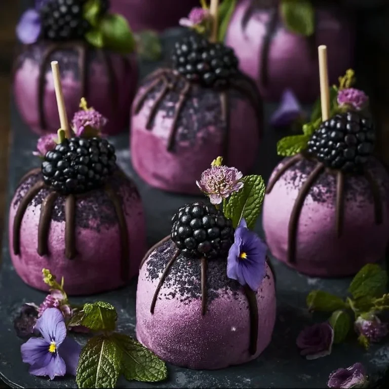 Delicious and enchanting Blackberry Cheesecake Pops served in a forest-themed setting.