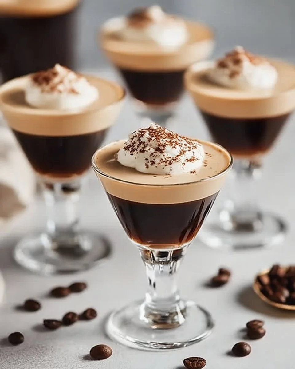 Mini espresso martini shots served in elegant glasses for a festive occasion.