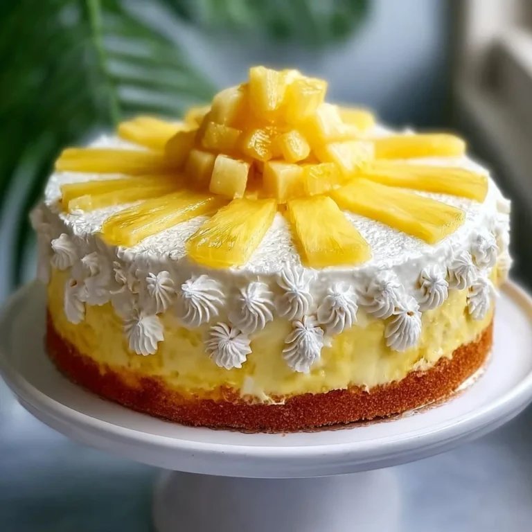Moist pineapple juice cake topped with creamy frosting and pineapple slices