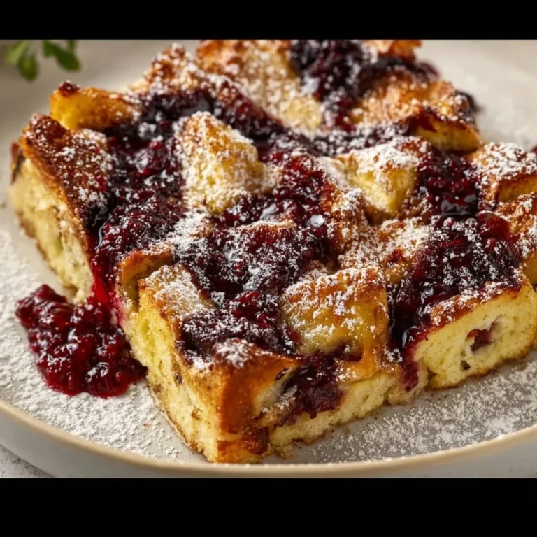 Monte Cristo French Toast Casserole with ham, cheese, and maple syrup on a plate