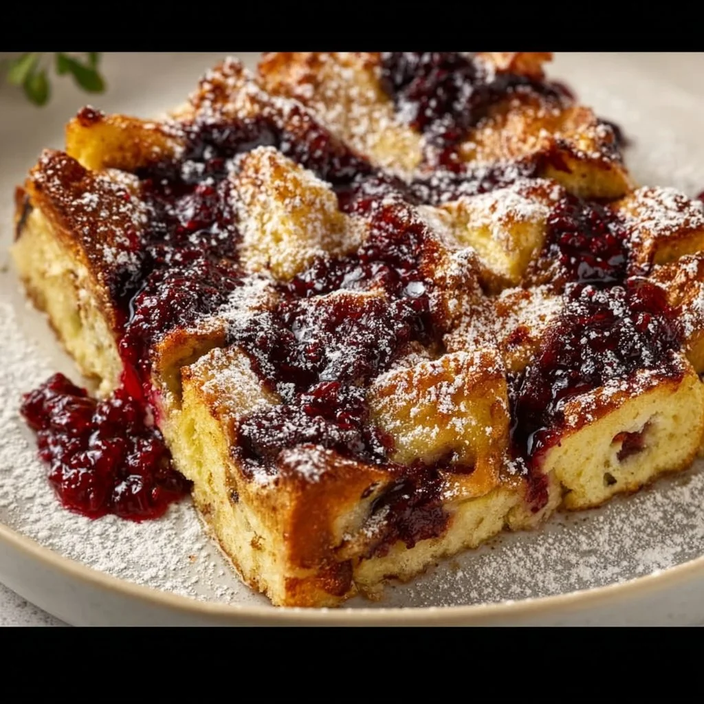 Monte Cristo French Toast Casserole with ham, cheese, and maple syrup on a plate