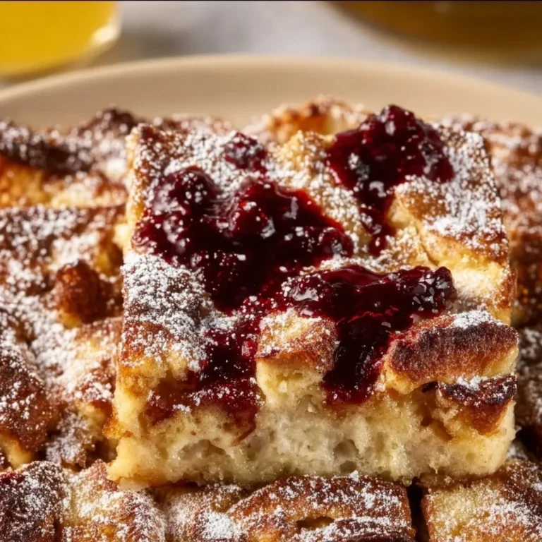 Delicious Monte Cristo French Toast Casserole served on a plate with syrup.