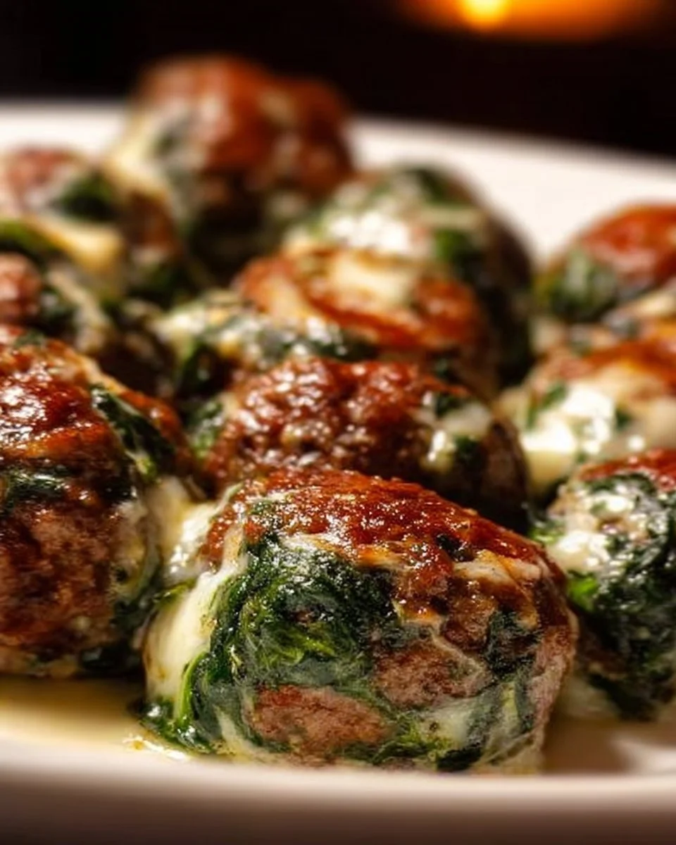 Delicious mozzarella-stuffed spinach garlic meatballs on a plate