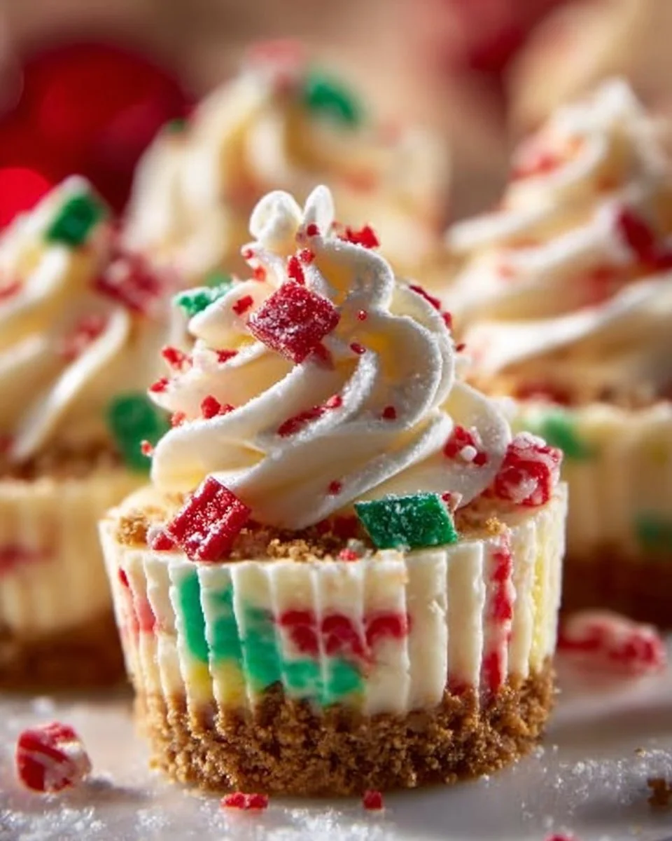 Delicious no-bake Christmas mini cheesecakes topped with festive decorations