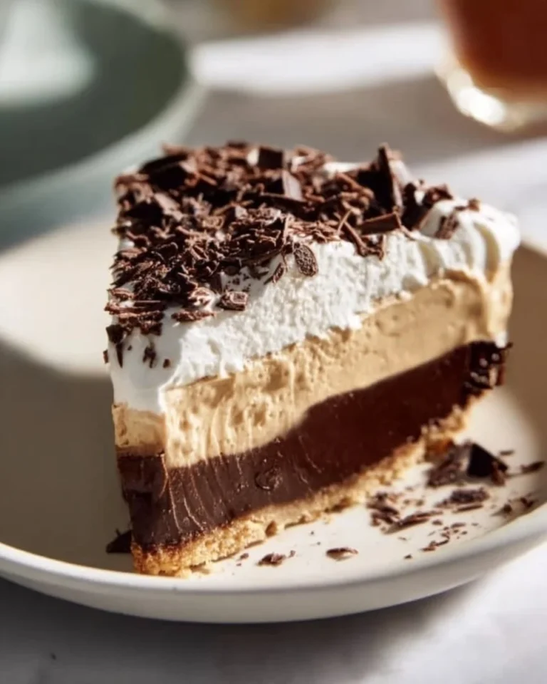 Delicious no bake peanut butter pie served with chocolate drizzle