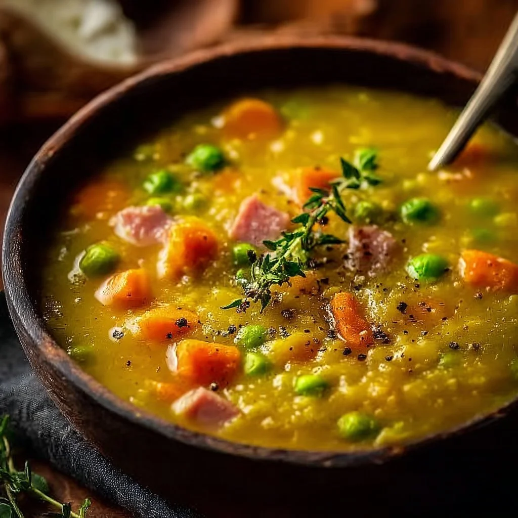 Bowl of nourishing split pea soup garnished with herbs and spices.