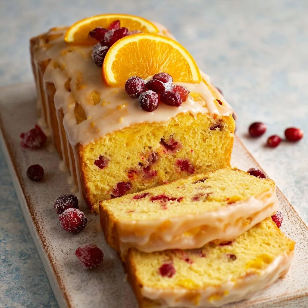 Loaf of orange cranberry bread with a slice cut on a wooden cutting board.