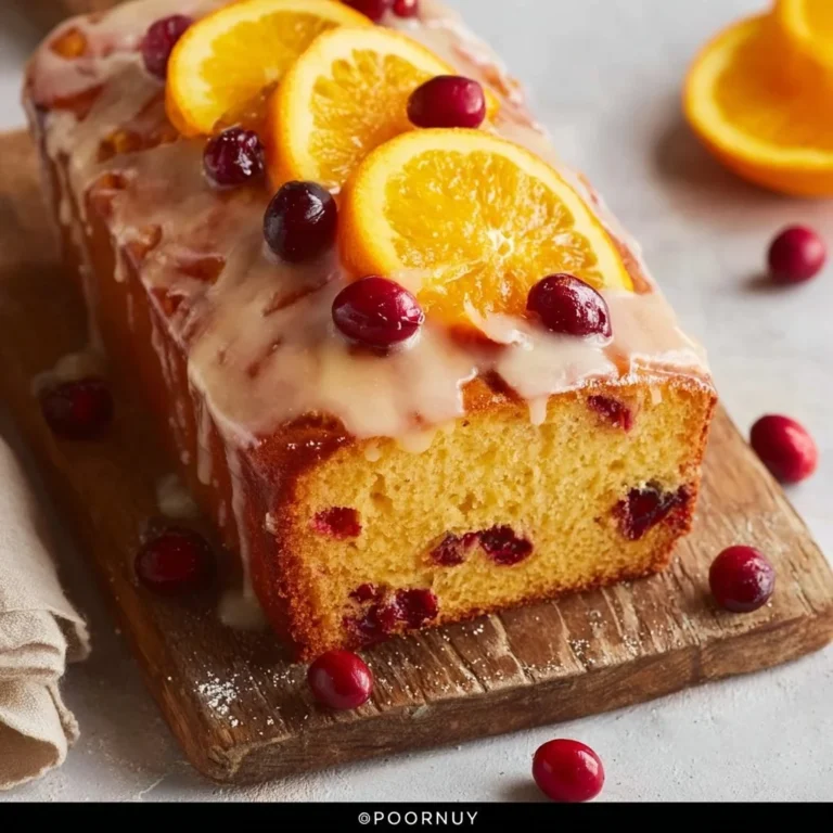 Loaf of freshly baked Orange Cranberry Bread with citrus glaze on top