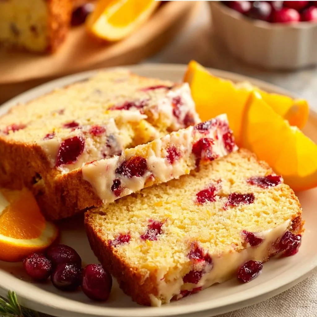 Sliced orange cranberry bread on a wooden cutting board.