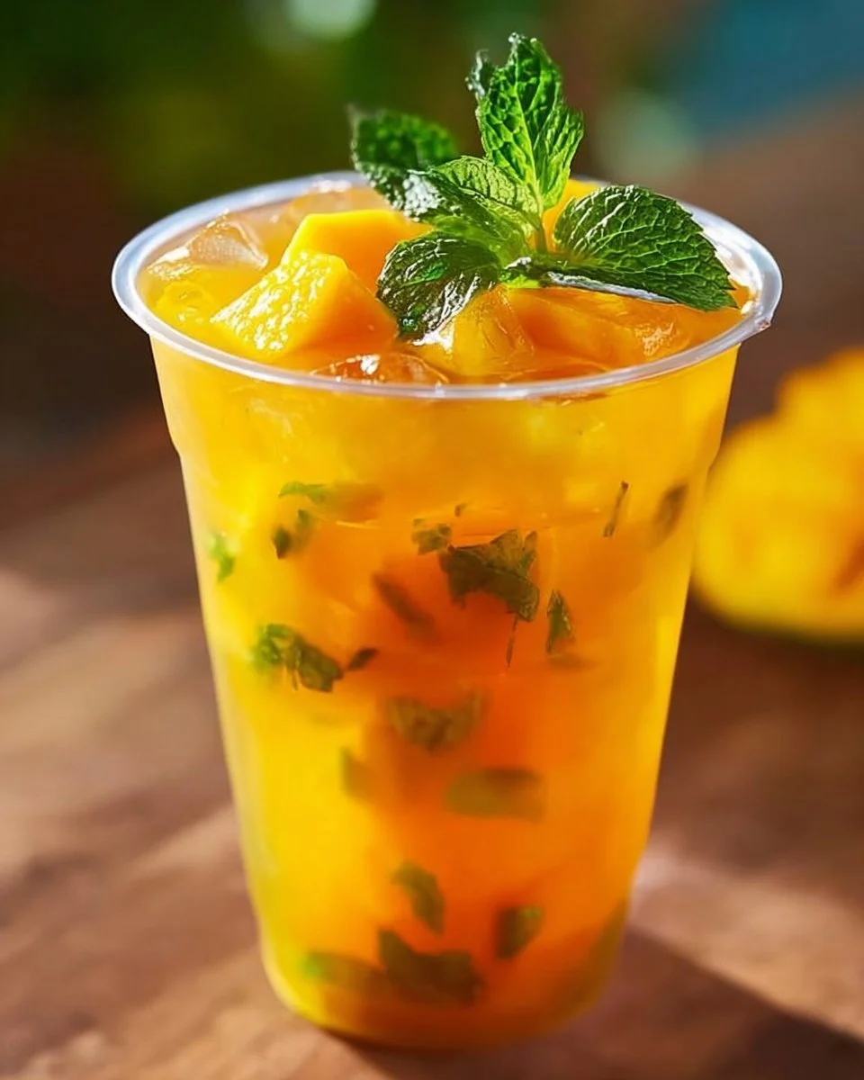 Refreshing homemade mango iced tea in a glass with fresh mango slices.