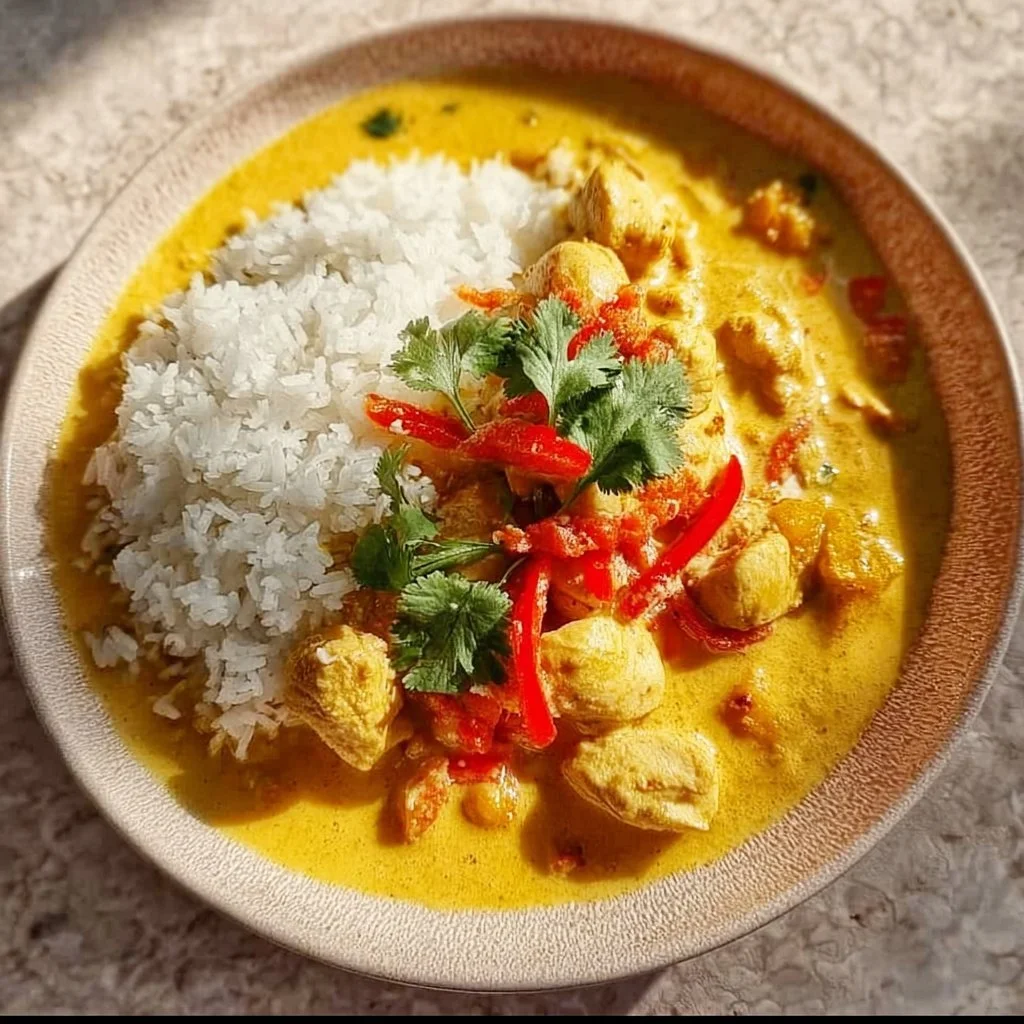 Savory chicken pumpkin curry served in a bowl with herbs and spices.