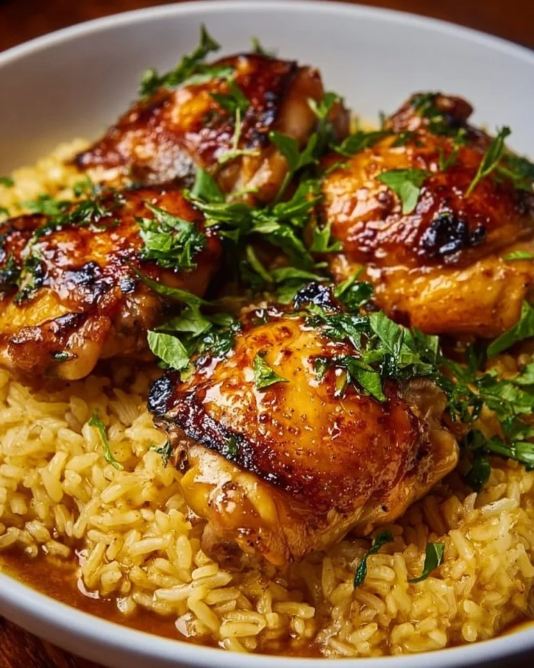 Savory chicken thighs served over a bed of fluffy rice