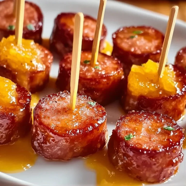 Savory kielbasa bites with sweet pineapple skewers on a platter.