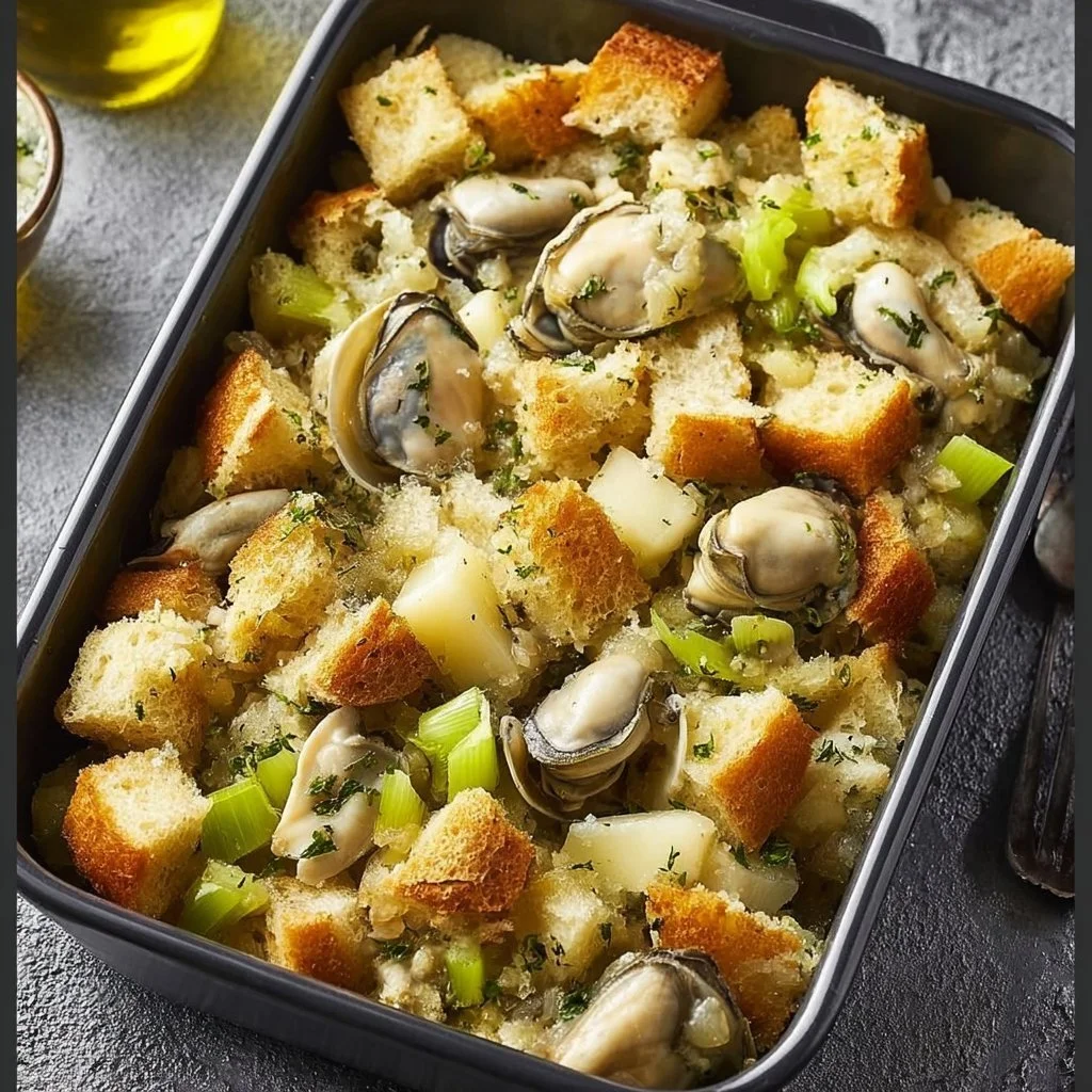Savory oyster dressing served in a bowl, perfect for holiday meals.
