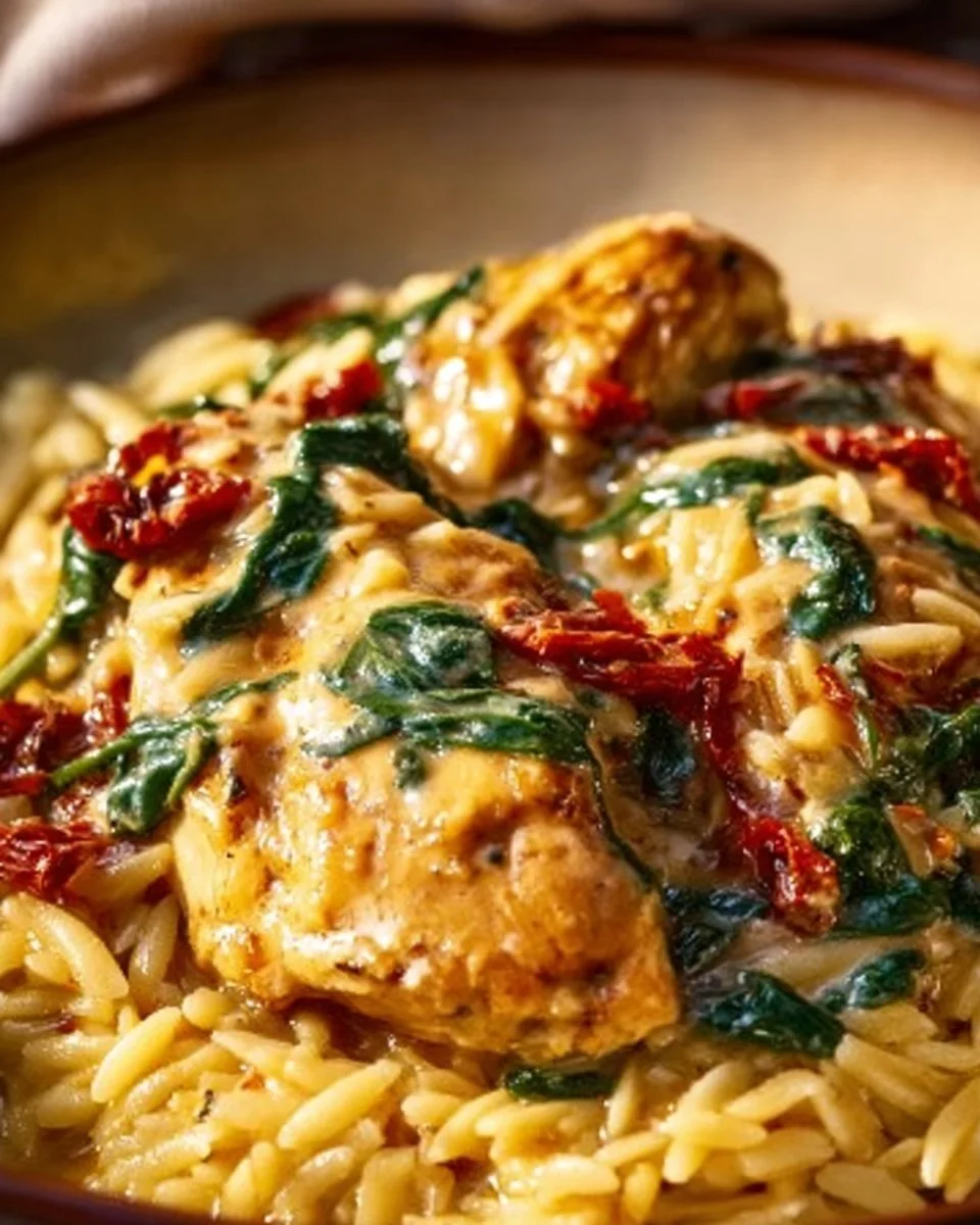 Slow cooker creamy Tuscan chicken orzo served in a bowl with herbs