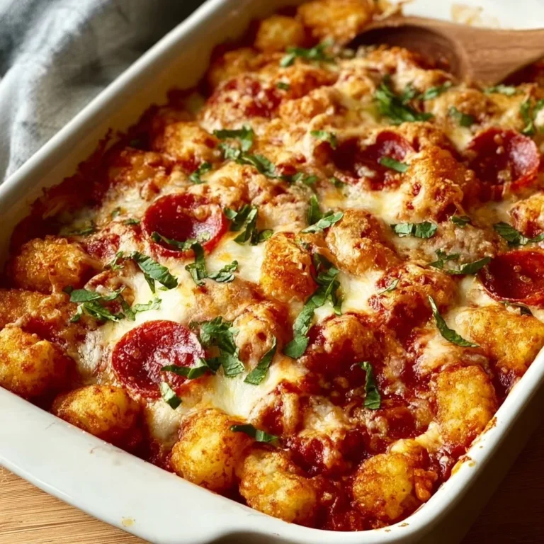 Delicious Tater Tot Pizza Casserole topped with cheese and pepperoni