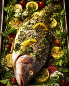 Whole baked fish garnished with garlic and dill butter on a serving plate