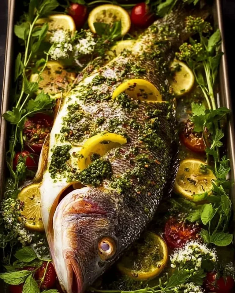 Whole baked fish garnished with garlic and dill butter on a serving plate