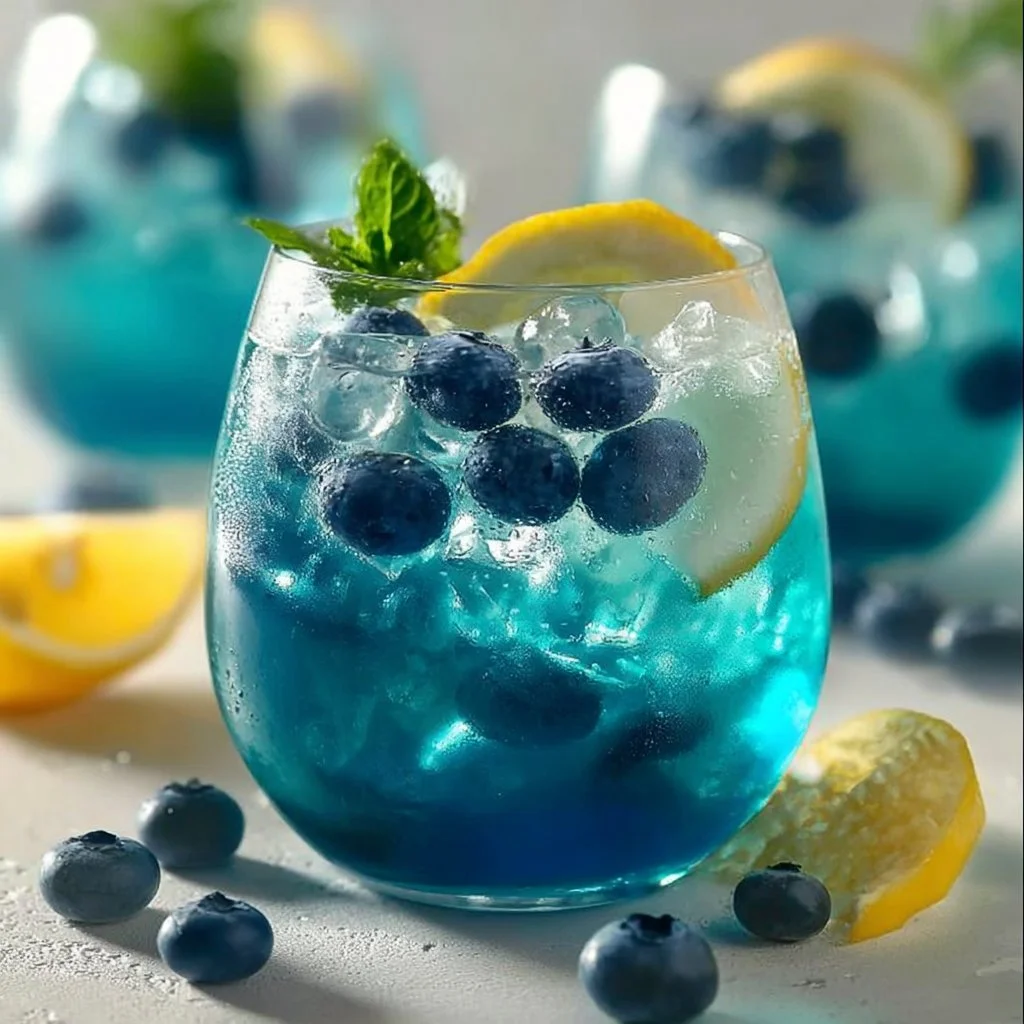 Winter Sapphire Punch Cocktail in a glass, garnished with berries and citrus.
