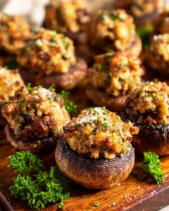Air fryer sausage stuffed mushrooms cooked to perfection