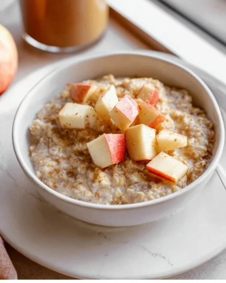 Delicious bowl of Apple Steel Cut Oatmeal topped with fresh apples and cinnamon