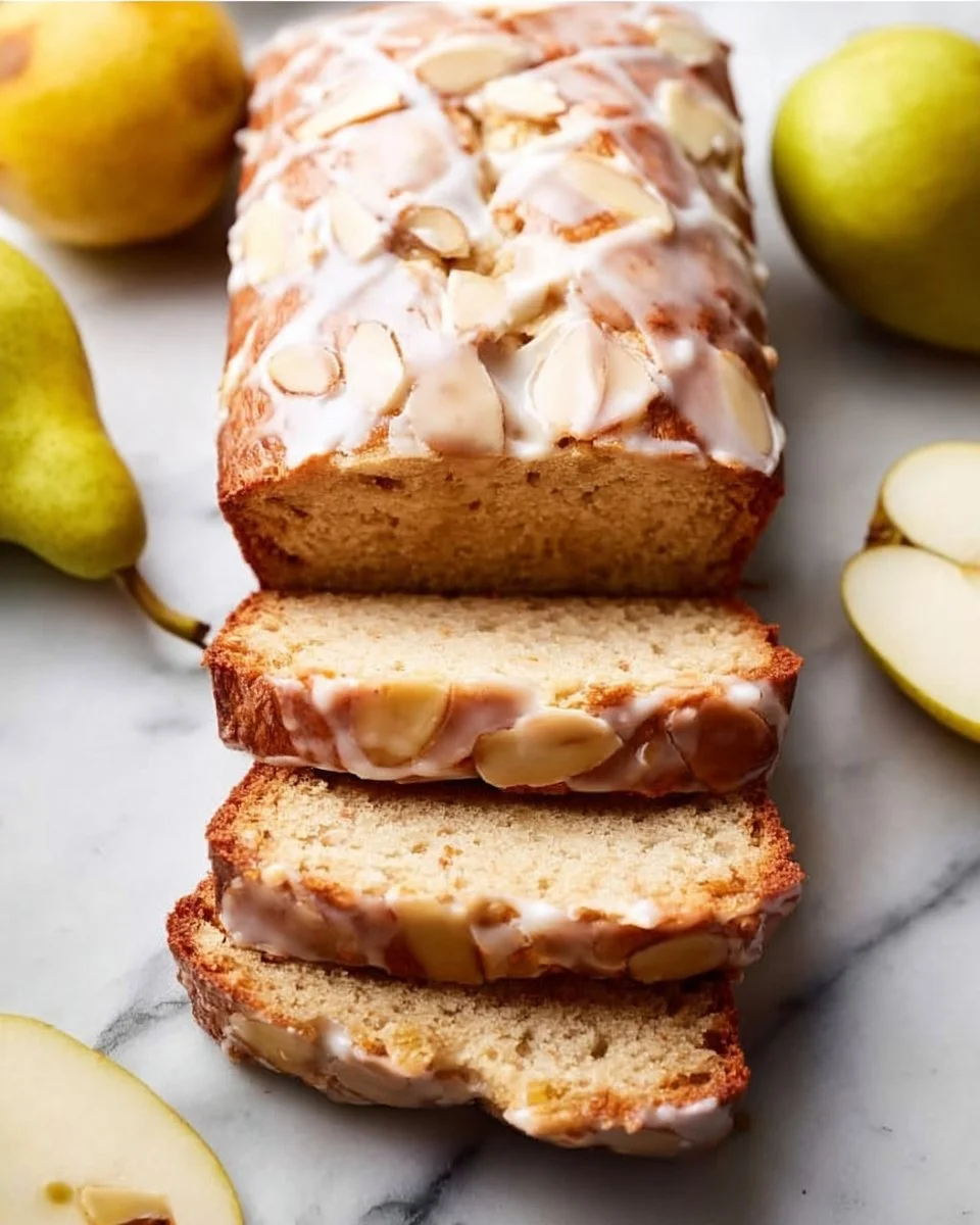 Sliced baked pear bread drizzled with almond glaze on a rustic wooden table.