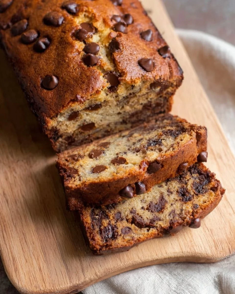 Delicious slice of chocolate chip banana bread with chocolate chips