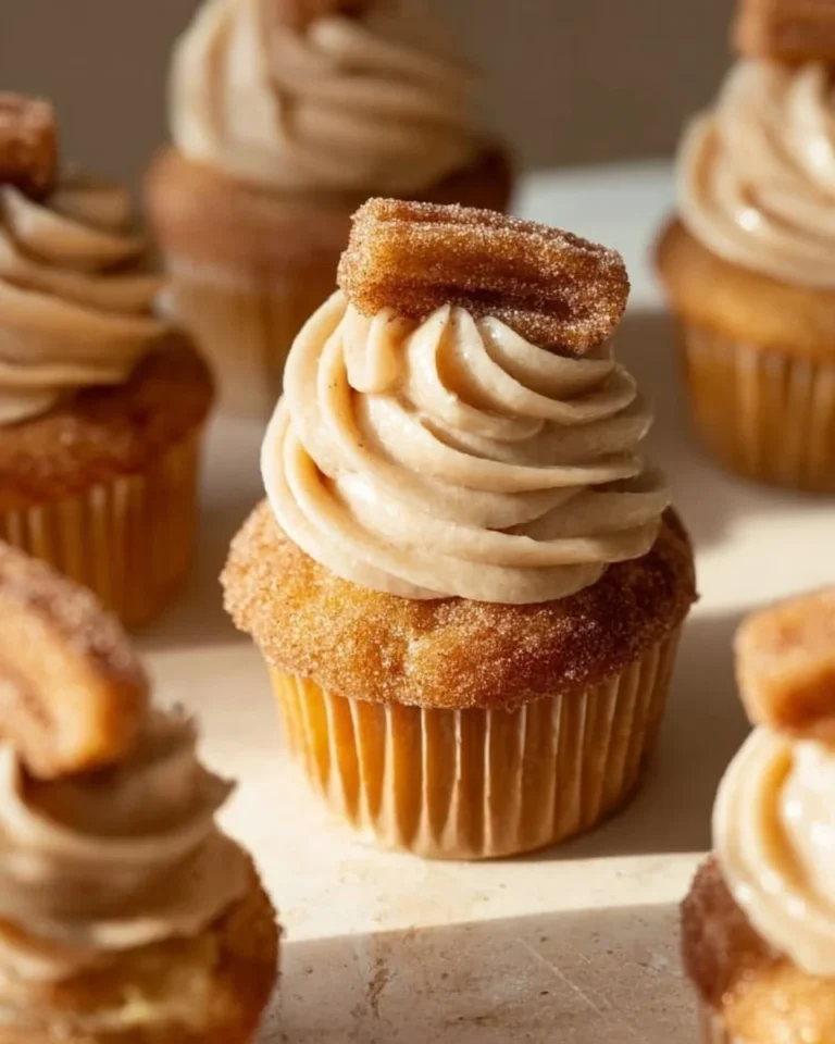 Delicious Churro Cupcakes with Cinnamon Cream Cheese Frosting on a plate