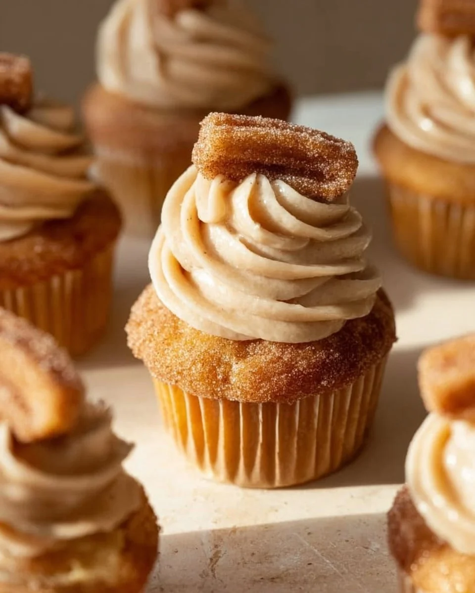 Delicious Churro Cupcakes with Cinnamon Cream Cheese Frosting on a plate