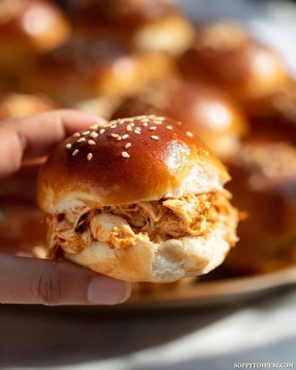 Plate of creamy Chipotle Chicken Sliders with fresh ingredients
