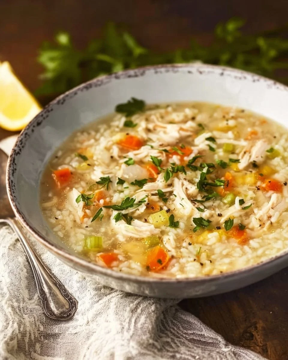 Bowl of Greek Turkey and Rice Soup garnished with herbs.