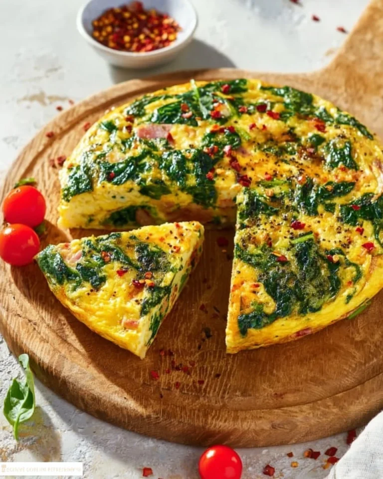 Delicious ham and spinach frittata served on a plate, garnished with fresh herbs.