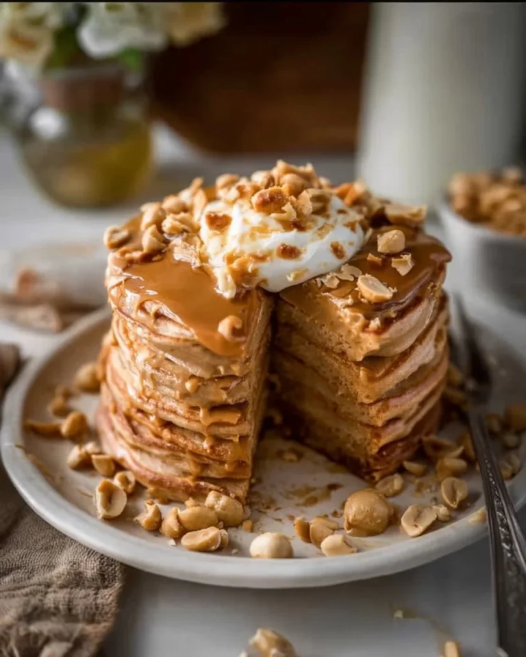 Fluffy Maple Peanut Butter Pancakes topped with maple syrup and nuts