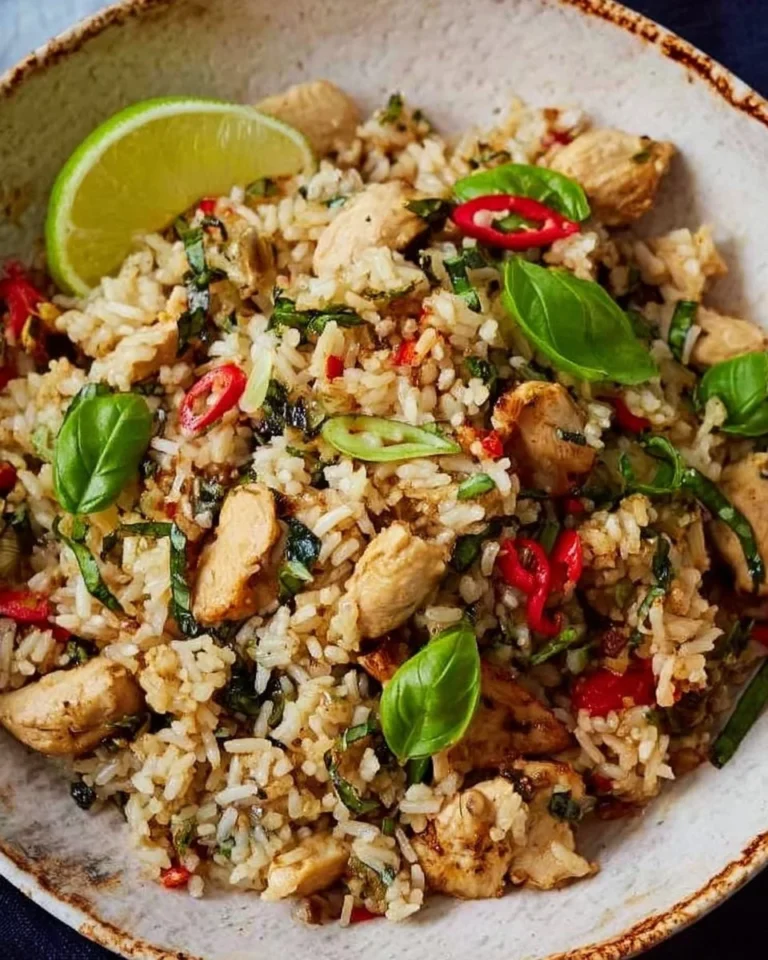 Plate of Thai Basil Fried Rice garnished with fresh basil leaves