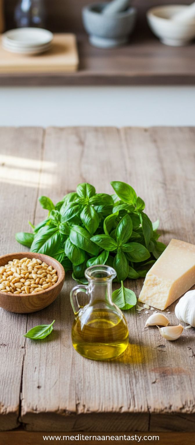 Fresh basil, pine nuts, garlic, Parmesan cheese, and olive oil arranged for pesto preparation